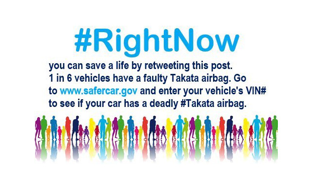 #RightNow you can save a life by retweeting this post. 1 in 6 vehicles have a faulty Takata airbag. Check your VIN at www.safecar.gov to see if there is a recall.