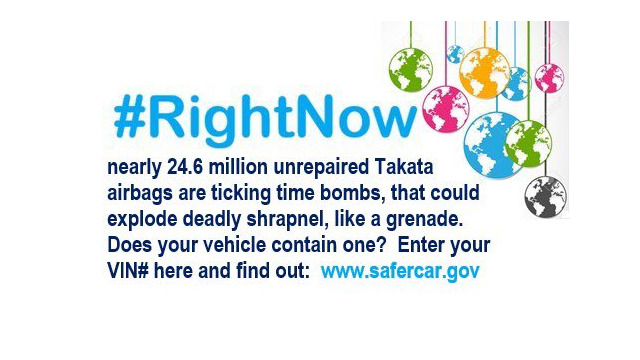 #RightNow nearly 24.6 million unrepaired Takata airbags are ticking time bombs, that could explode deadly shrapnel like a grenade. Does your vehicle contain one? Check your VIN here and find out www. Safecar.gov