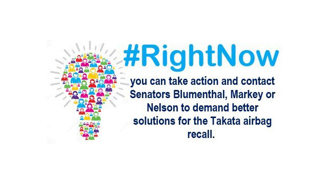 #RightNow you can take action and contact Senators Blumenthal, Markey or Nelson to demand better solutions for the Takata airbag recall.
